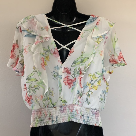Code Mode White Watercolor Floral Print Ruffle Sleeve Criss Cross Back Shirt - Picture 6 of 8